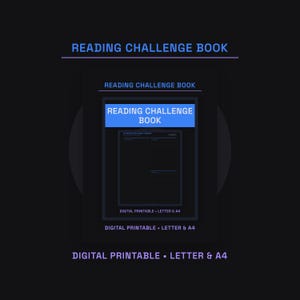 Puede incluir: Un libro de desafío de lectura digital imprimible con fondo oscuro y texto azul. El diseño incluye el título READING CHALLENGE BOOK y especifica DIGITAL PRINTABLE • LETTER & A4. El gráfico central muestra un diseño de página de seguimiento.