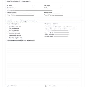 May include: A white paper form titled Data Breach & HIPAA Security Log with sections for Primary Registrant & Client Details, Care Assessment & Task Requirements Check, and a large lined area for Coordinator Recommendations & Care Plan Summary.