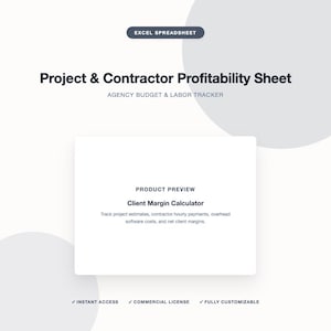 Könnte beinhalten: Eine Excel-Tabelle mit dem Titel Project & Contractor Profitability Sheet, Agency Budget & Labor Tracker. Sie enthält ein Product Preview-Feld für einen Client Margin Calculator sowie Hinweise auf Instant Access, Commercial License und Fully Customizable.