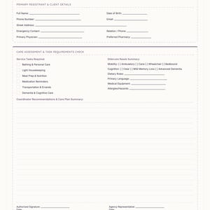 Peut inclure: Un formulaire blanc de rapport d'erreur de médication avec du texte noir. Les sections incluent les détails du client, l'évaluation des soins, les tâches requises et un résumé du plan de soins avec des lignes pour les signatures.