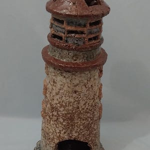 Rustic Stoneware Lighthouse Candle Holder | Vintage Ceramic Nautical Tea Light Tower | Coastal Aquarium Ornament | Beach House Decor Gift