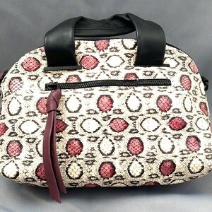 Daniella Lehavi Amadeus Satchel Bag | Exotic Python Snake Print Leather Tote | Handcrafted Israeli Designer Handbag with Burgundy Tassels