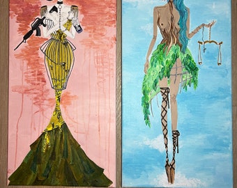 Utopia/Dystopia fashion fantasy painting artwork, acrylic paint mixed media fashion art, original fashion artwork