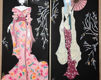 Geisha and Asian inspired fashion fantasy paintings, fashion artwork, fashion painting