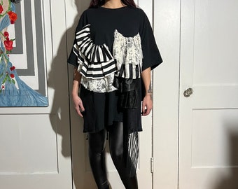 Original ruffle tiered tshirt top, black and white stripe ruffles, lace ruffles