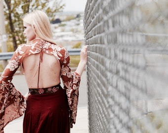 Copper red burnout velvet silk dramatic bell sleeve crop top with lace up neck and open back