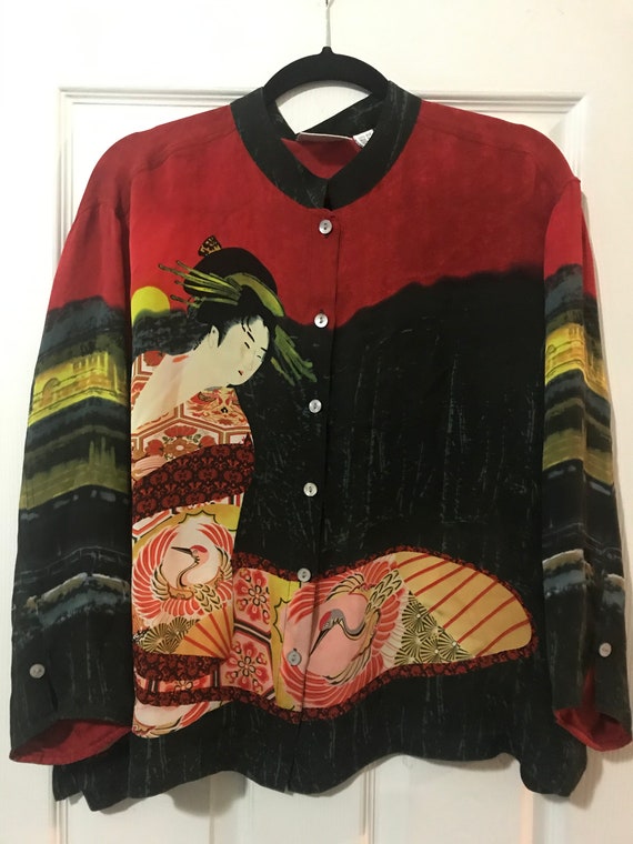 Chicos vintage geisha long sleeve silk blouse/top,