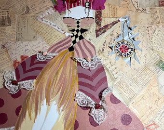 MASQUERADE: baroque rococo masquerade fashion art, fashion collage painting, fashion mixed media painting art