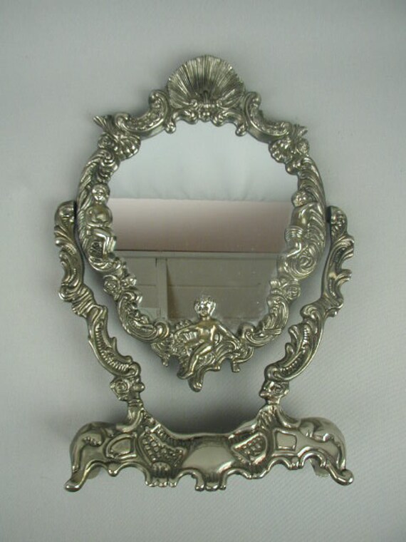 Vintage Tabletop Tilting Mirror Vanity Silvertone Finish With Cherubs Very Ornate Loads Of Detail 12 1 2 X 8 Cottage Chic