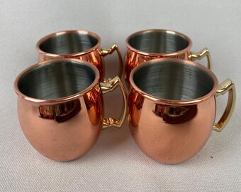 Vintage Miniature Moscow Mule Mugs, Set of 4,  Copper Exterior, Brass Handles, Stainless Steel Interior, Shot Glasses, Tastings, Espresso