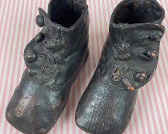 Antique Bronzed High Top Baby Shoes, Pair, Button-Up Shoes, with Tassels, Home Decor, Baby Room Decor, Baby Shower Decor