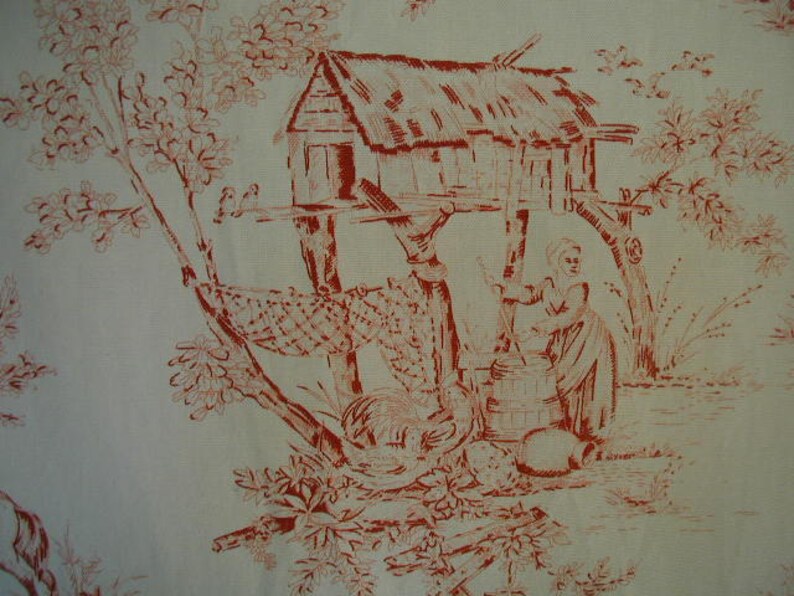 With Checked Tie Backs 2 Panels Designer Weight Fabric Vintage Toile Curtain Panels Red and White Toile 85 12 long x 51 12 wide
