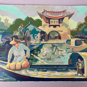 Vintage Painting, "Paint By The Numbers", Asian Theme, Measures 16 x 12", Unframed, Wonderful Colors, Man in Boat with Dog, Pagoda,Ox w/Cart