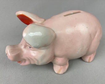 Vintage, Piggy Bank, Porcelain, Pink Pig, Mid-Century Piggy Bank, Measures 6" long x 3 3/4" tall x 2 3/4"