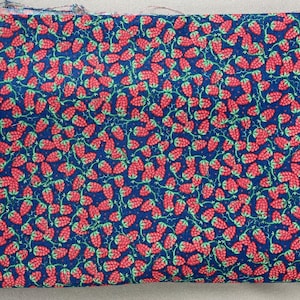 May include: Folded fabric with a repeating pattern of red strawberries and green leaves on a dark blue background. The fabric has a white border with the text "Nancy J. Smith and Lynda S. Milligan, Possibilities".