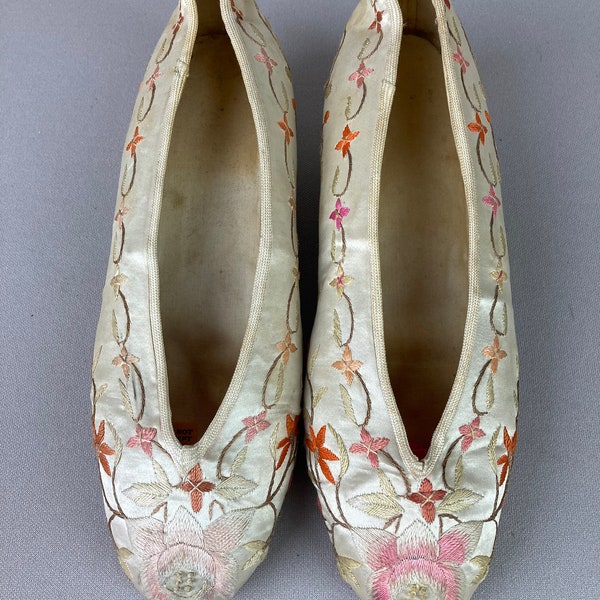 Antique Silk Embroidered Shoes, Pair of Shoes, 1" Heels with Leather Soles, Pink, Orange and Light Green Floral Embroidery,, Off White Silk