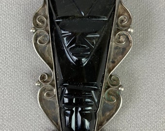 Vintage Taxco Brooch, Mexican Silver with Onyx, 2 Masks, Mid-Century, Measures 2 5/8 x 1 1/2", Signed
