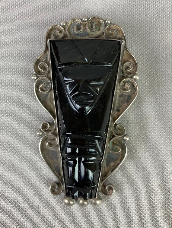 Vintage Taxco Brooch, Mexican Silver with Onyx, 2… - image 1
