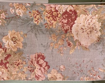 Vintage Curtain Valance, Floral Print, Rusty Red, Light Olive and Cream on a Robin's Egg Blue Ground, Linen Look, Measures 14 x 130", Lined