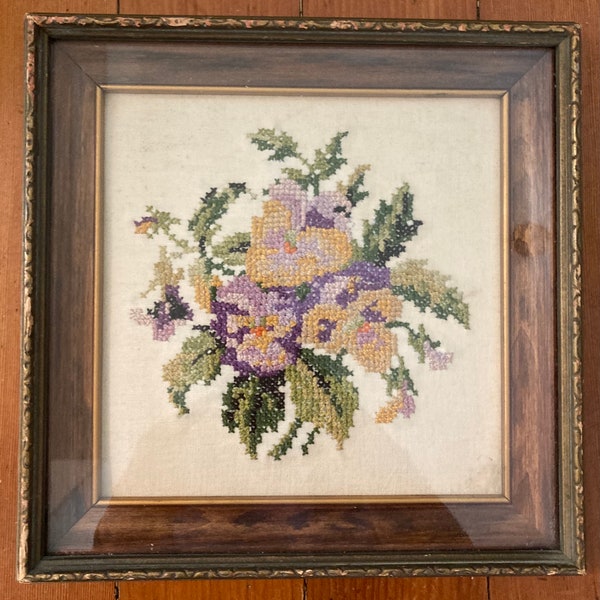 Vintage Cross Stitched Picture, Bouquet of Pansies, Original Shadow Box Frame, Purple and Yellow Pansies, Stitched on Fine Off White Linen