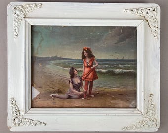 Antique Victorian Framed Print, Bathing Beauties, 2 Lovely Young Women at the Seashore, Chippy White Antique Frame, Measures 13 x 11"