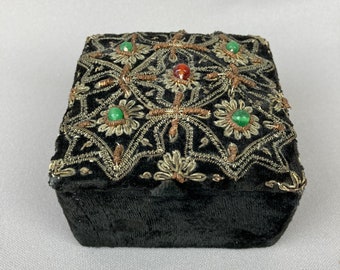 Vintage Jewelry Box, Trinket Box, Black Velvet with Beads and Metallic Floral Embroidery, Measures 4 x 4 x 2 1/4", Hinged Lid