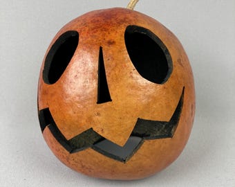 Vintage, Artisan Crafted Jack O'Lantern, Hand Made, Natural Gourd, Hand Carved, Halloween Decor, Tea Light Can Go Inside,Table Centerpiece