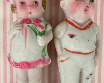 Vintage Dolls,  Pair of Bisque "Penny" Dolls, Little Girl and Boy, Measure 3 7/8" tall, Made in Japan