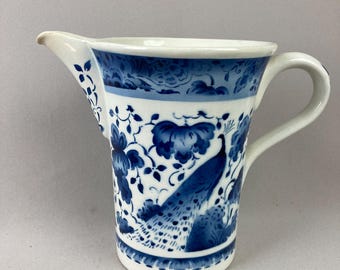 Antique Pitcher, Denmark, Blue and White Fience or Jug, "Peacock" Pattern, Kobenhavns Fajancefabrik-Aluminia, 1920's, Floral, Crackled Glaze