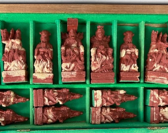 Vintage Asian Chess Set, Complete, Wooden Box is Chess Board, Hinged, Carved Soapstone, Coral Red and Cream, Historical Figures, Fitted Box