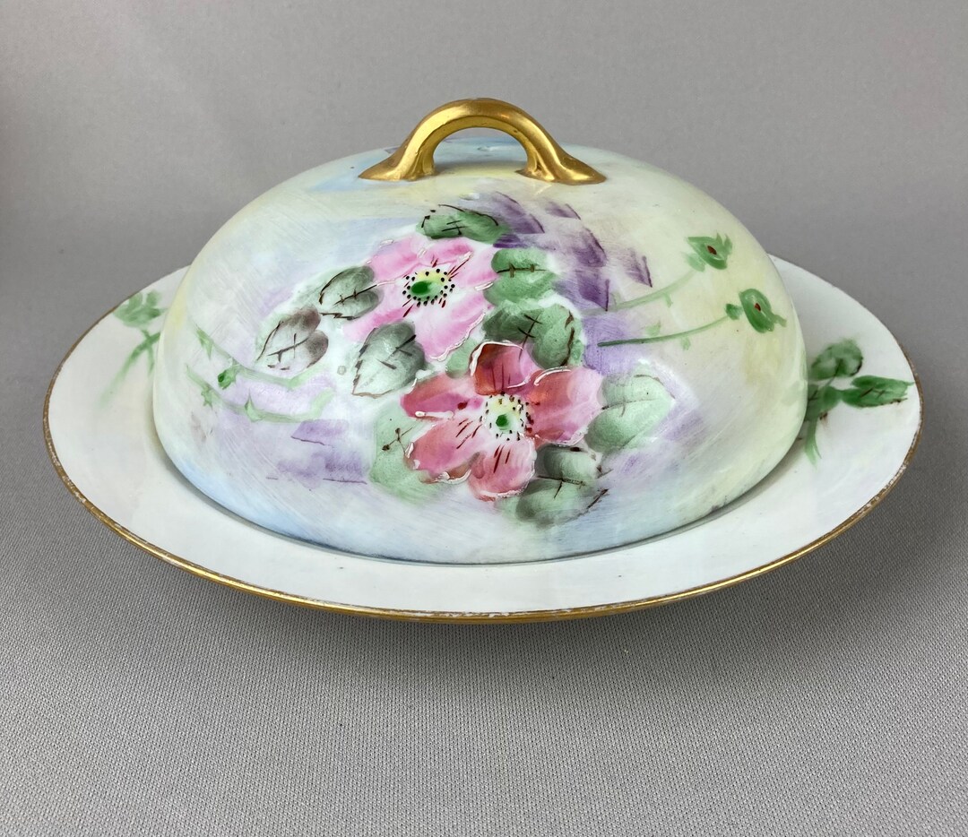 Very Vintage Covered Butter Dish, Hand Painted, Nippon, Single Pink
