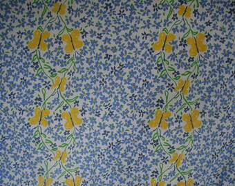 Vintage Bed Sheets, Twin Bed Size, 2 Flat Bed Sheets, Darling Blue, White and Yellow Floral Print, With Ruffles and Buttrflies