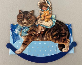Vintage Gift Basket, UNUSED, "The Gifted Line", 1988, "Rocking Horse Kitty",  Lightweight Cardboard, Double Sided, 3 Dimensional