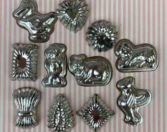 Vintage, Chocolate Candy Molds, Round Tin Container, Set of 11 Molds,  Large Measures 2 x 2", Traditional Shapes, Tin Candy Molds