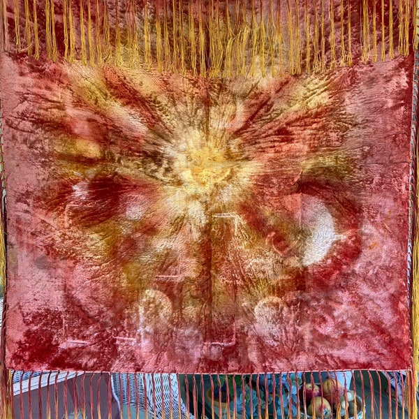 Vintage Victorian Piano Scarf, Tie Dyed Velvet with 9" Fringe, Shades of Red, Gold, Pink and Yellow, 35" Square, Table Topper