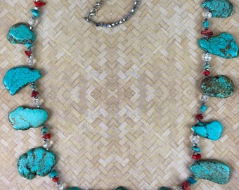 Vintage Southwest Style Statement Necklace, Dyed Magnesite Turquoise Necklace, with Faceted Crystal , Red Coral, 27" Long