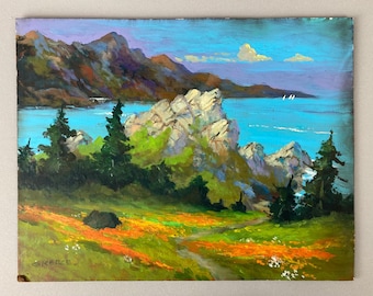 Vintage Original Oil Painting, California Coastline, Stephen Skerce, California Listed Artist, 10 x 14,California Poppies, Rocky Outcropping