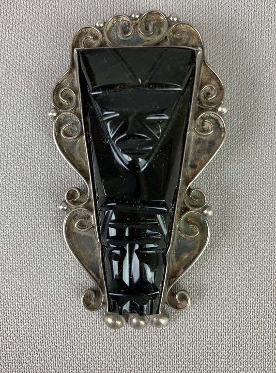 Vintage Taxco Brooch, Mexican Silver with Onyx, 2… - image 2