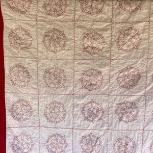 Vintage Quilt, Hand Made, Pieced Patchwork with Turkey Red Embroidery, Flower Pattern, Red Sashing, Feather Stitching, Hand Quilted