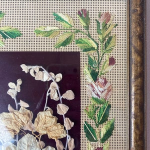 Op de afbeelding: Een ingelijst stuk geperste botanische kunst met gedroogde bladeren en bloemen. De lijst is van bruin hout met een gouden rand. Het kunstwerk bevindt zich achter een stuk gaas.