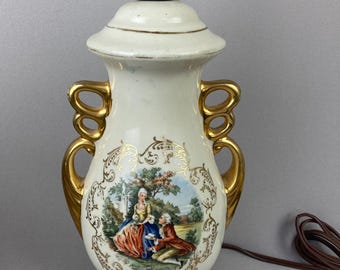 Vintage Table Lamp, Victorian Courting Couple, Urn Style, Gold Accented Handles and Trim, Measures 13" tall to top of Socket, It Works