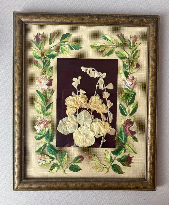 Antique Picture Frame, Wall Frame, 9 x 11", Embroidered Punched Paper Mat, with Dried Flowers, Pink Roses and Rosebuds with Green Leaves