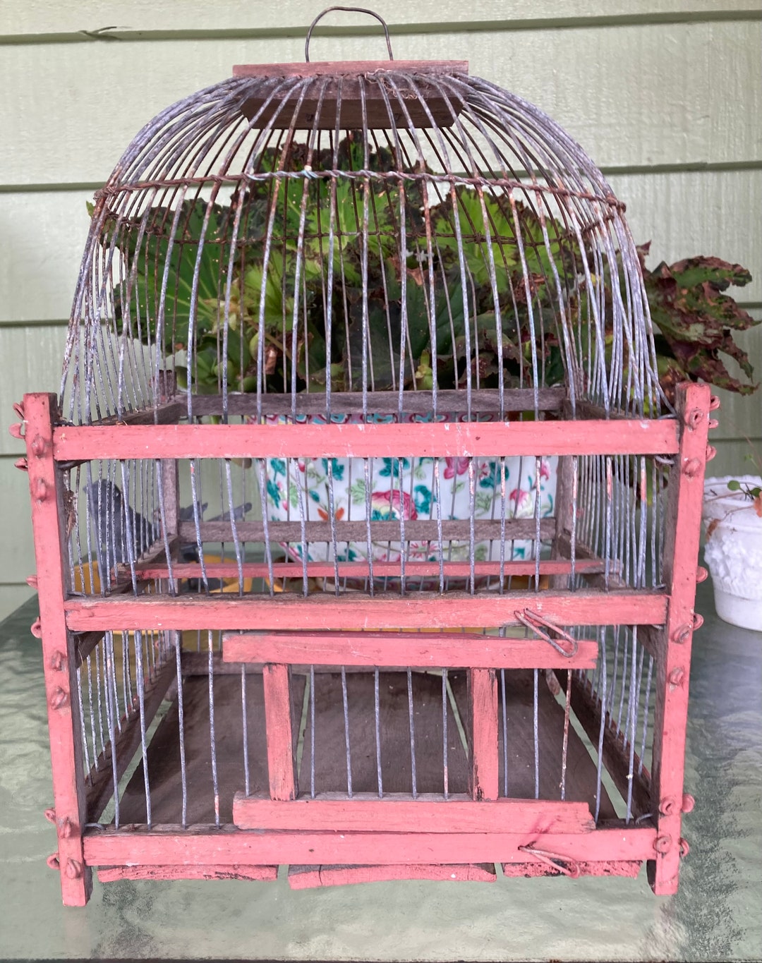 Vintageantique Bird Cage Painted Wood Faded Red Paint Wire Etsy