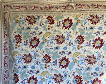 Vintage Tablecloth, "Valdrome", Made in France, Floral Border Print, Measures 63" Square,   Red, Gold, Blue and White, 100% Cotton, Quality