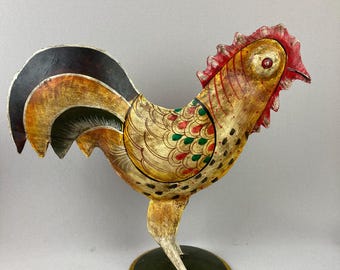 Vintage Metal Rooster, Home Decor, Folk Art, Hand Painted,  11 1/2" tall x 13 long, Red,Black, Green and Brown, Farmhouse Decor