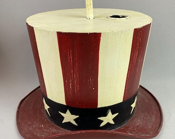 Vintage Birdhouse,  "Uncle Sam's Hat", Metal Birdhouse, Primitive Folk Art Style, Red White and Blue,  Hanger on Back,  7 1/2" tall x 12"