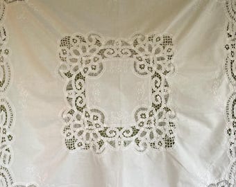 Vintage, Tablecloth or Table Topper, White Battenberg Lace, Measures 35" Square, 100% Cotton Fabric, Tea Party Pretty