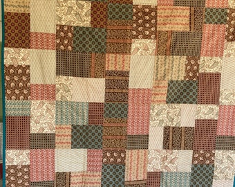 Vintage Lap Quilt or Throw, Pieced Patchwork, Hand Made, One of a Kind, Reproduction Antique  Prints, Browns and Reds, 44 1/2 x 53 1/2”