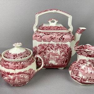 Vintage Mason&#39;s Ironstone Pink vista Teapot, Creamer and Sugar Bowl Set, Red and White Transferware, Made in England, 5 Piece Set