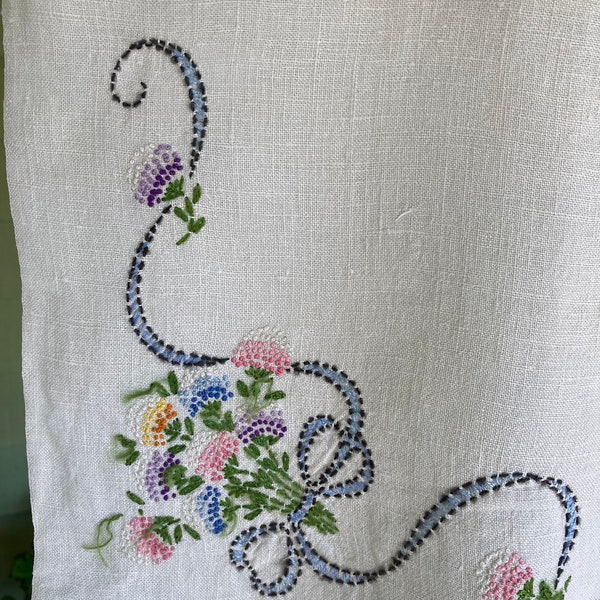 Vintage Table Runner, Dresser Scarf, Hand Made, Hand Embroidered, Flower Basket with Blue Bow,  Fine Linen, Hand Crocheted Edging